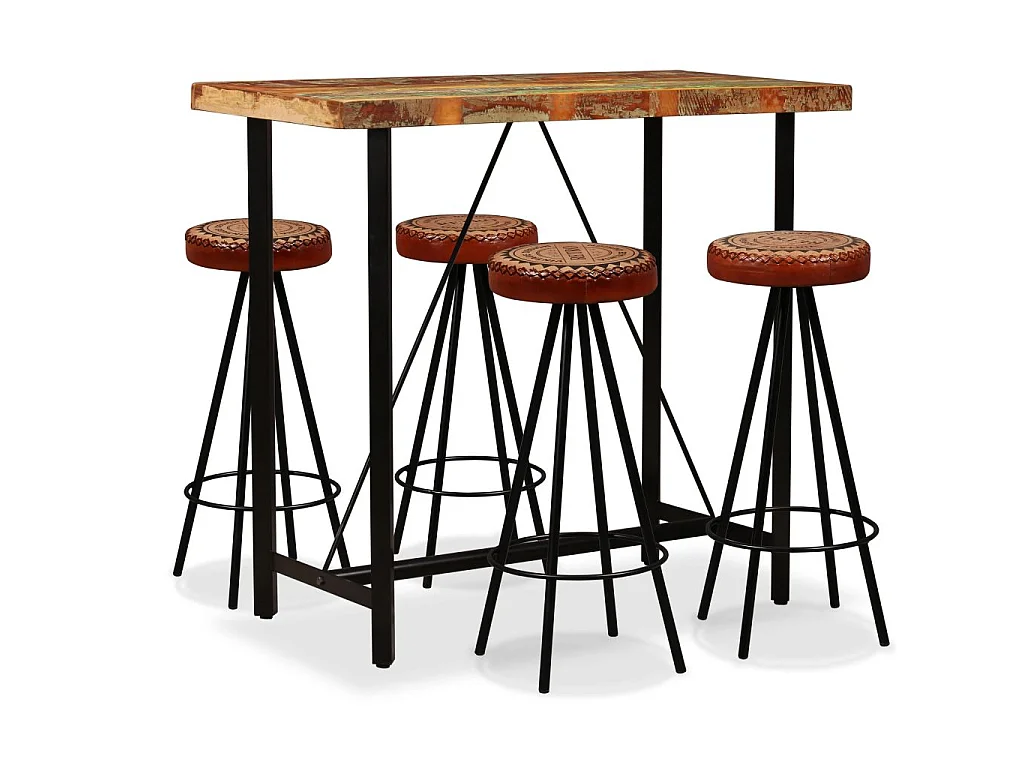 Ensemble de bar 5 pcs Bois de récupération Cuir véritable et toile