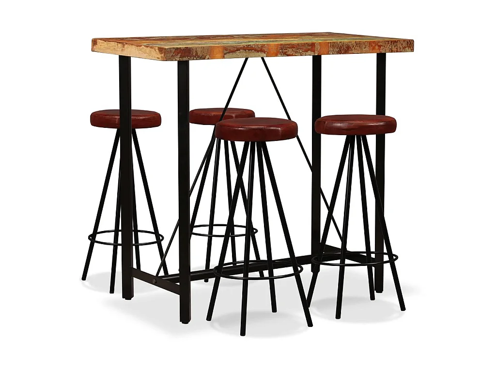 Ensemble de bar 5 pcs Bois massif recyclé et cuir véritable