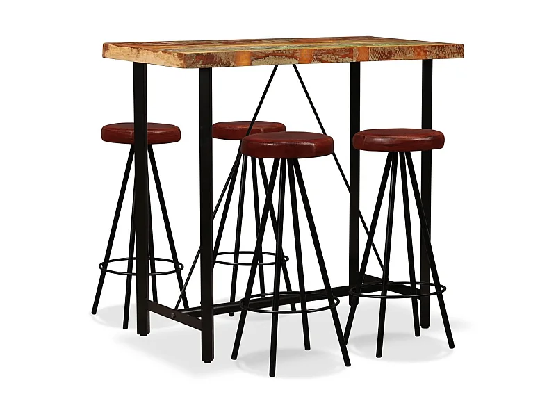 Ensemble de bar 5 pcs Bois massif recyclé et cuir véritable