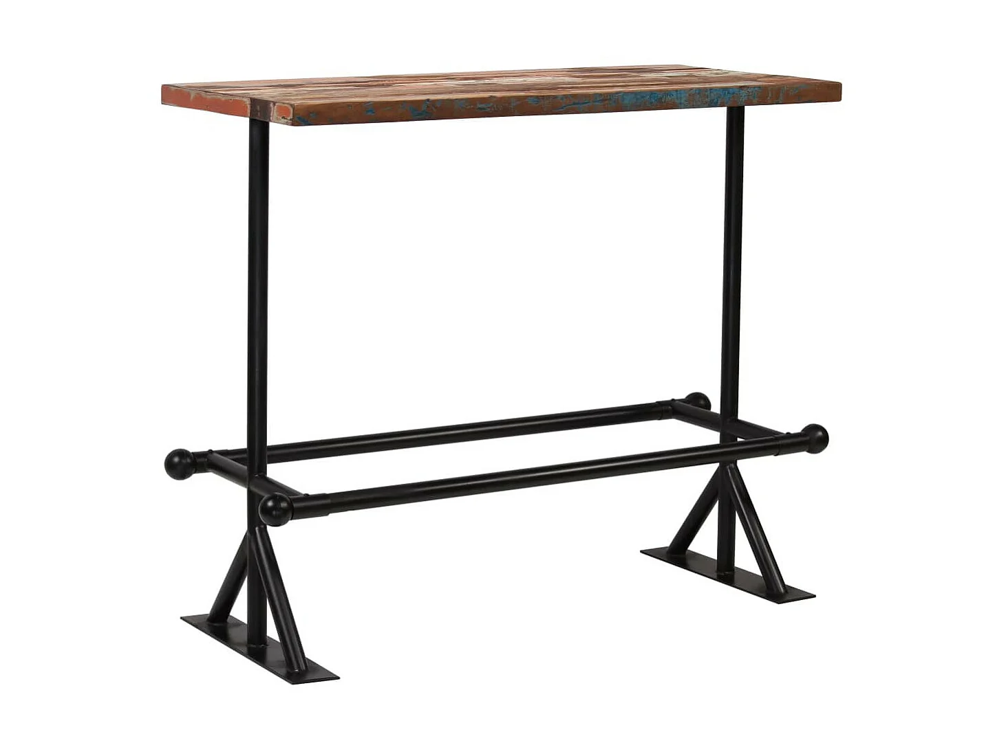 Table de bar rectangulaire bois recyclé massif multi couleurs et 4 tabourets industriel