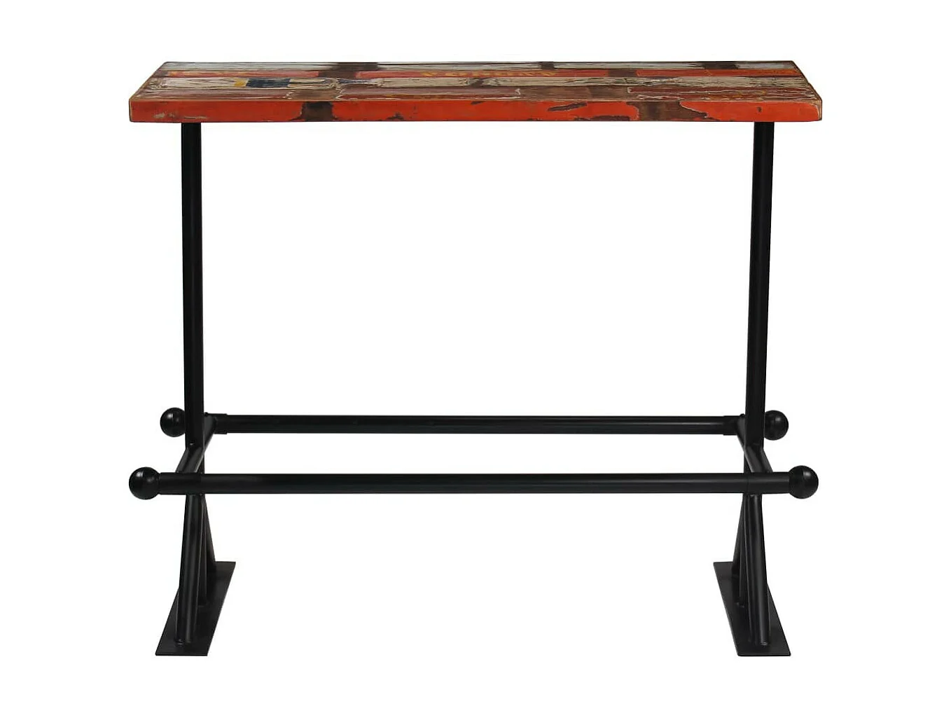 Table de bar rectangulaire bois recyclé massif multi couleurs et 4 tabourets industriel