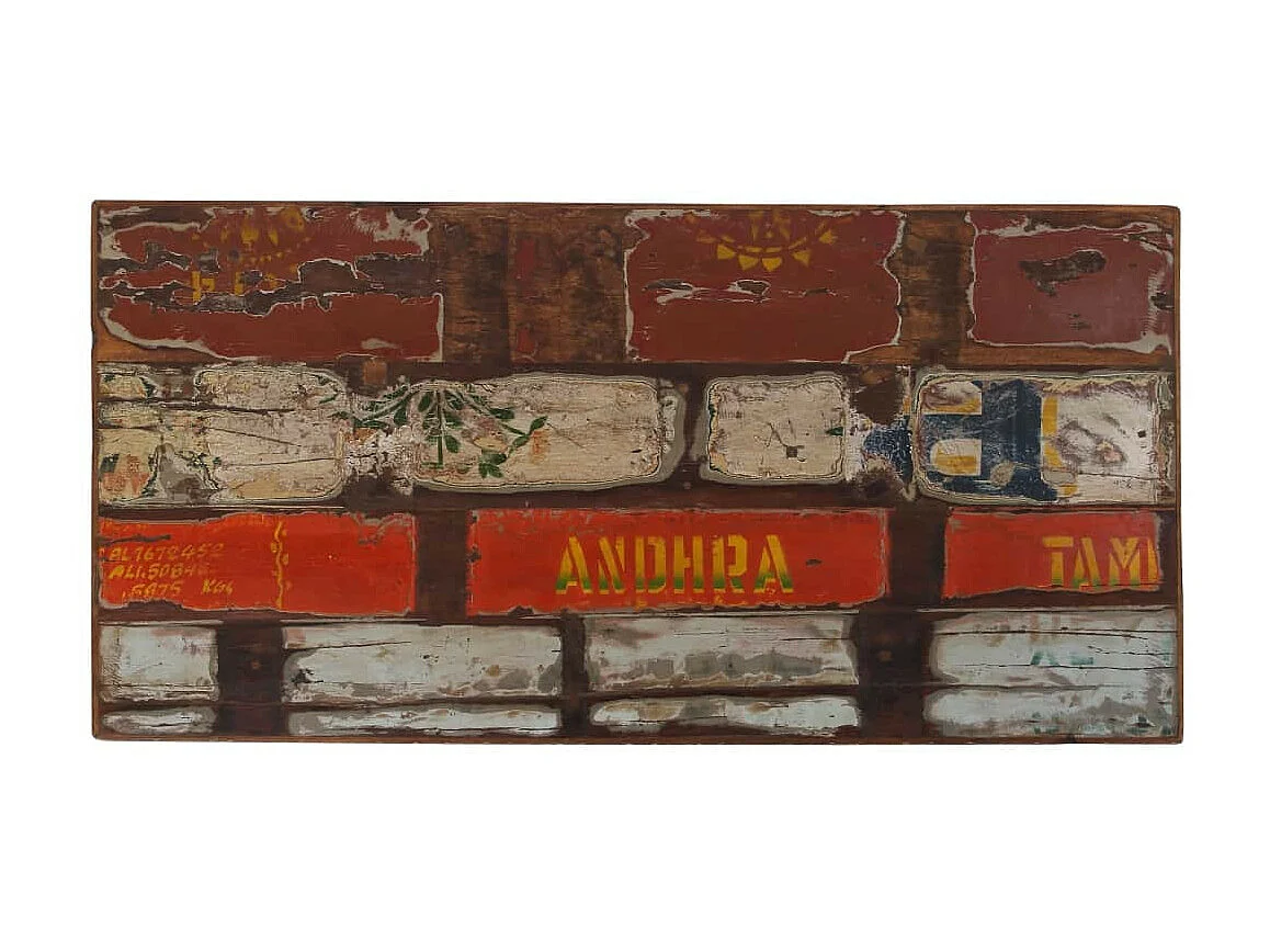 Table de bar rectangulaire bois recyclé massif multi couleurs et 4 tabourets industriel