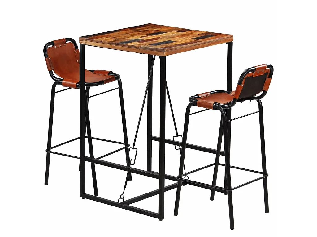 Ensemble de bar 3 pcs Bois massif recyclé et cuir de chèvre