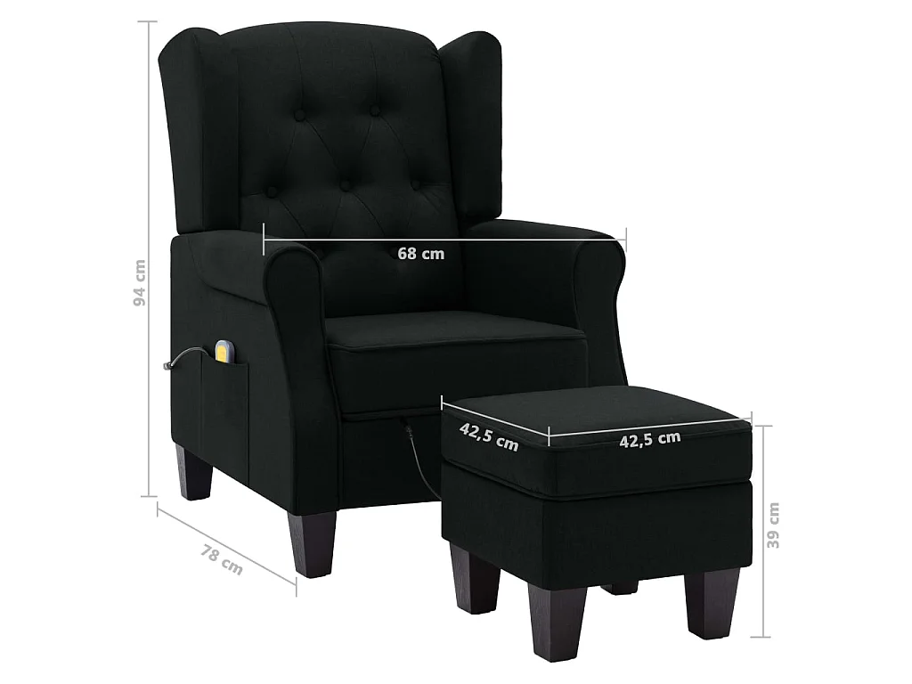 Fauteuil de massage avec repose-pied Noir Tissu