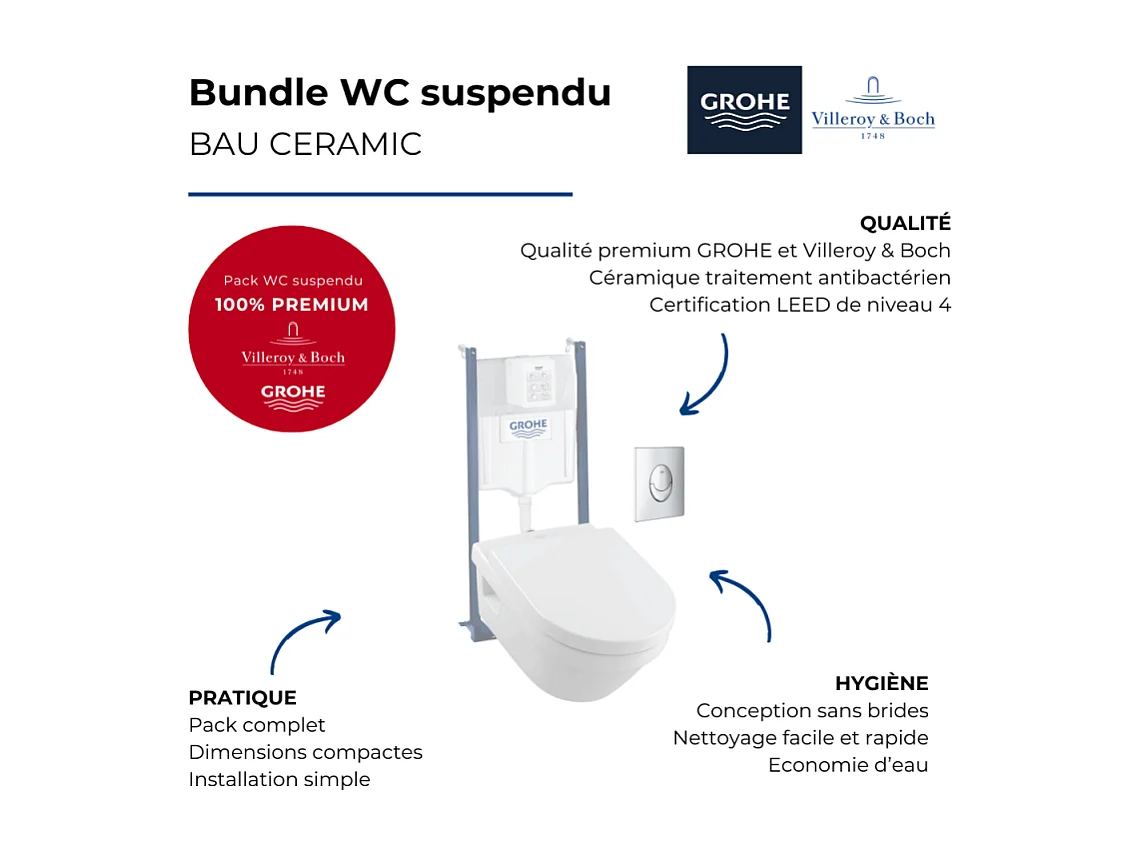 WC suspendu sans bride VILLEROY ET BOCH Architectura + abattant + bati support GROHE + plaque de commande chrome