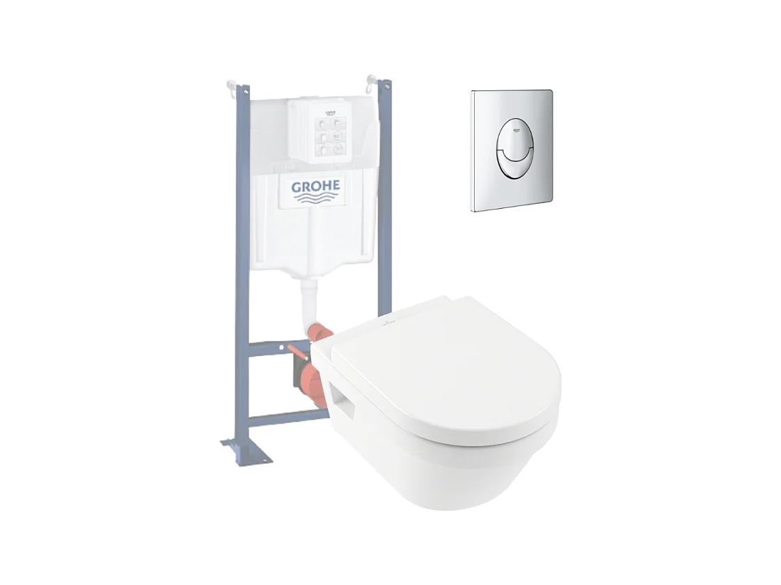 WC suspendu sans bride VILLEROY ET BOCH Architectura + abattant + bati support GROHE + plaque de commande chrome
