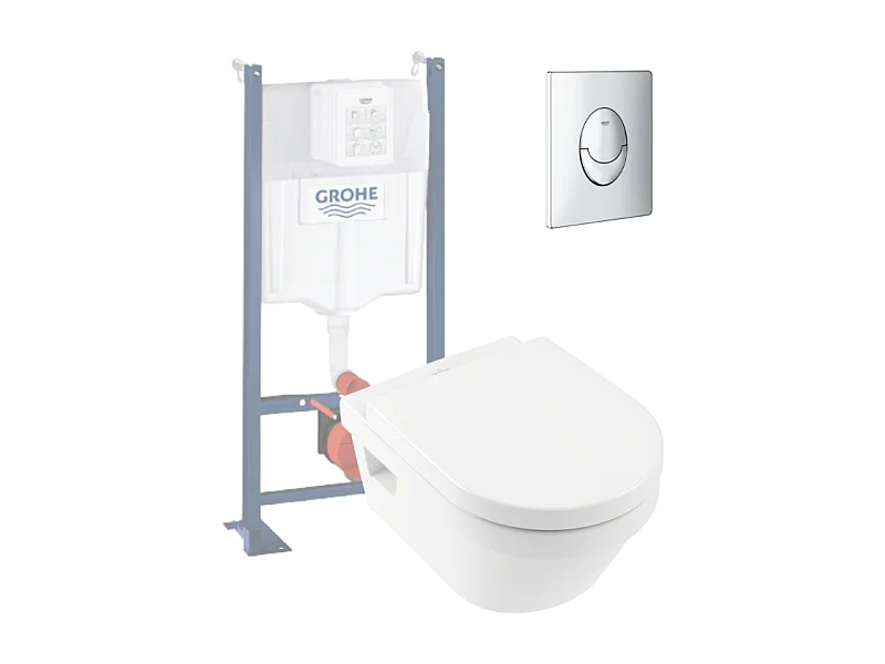 WC suspendu sans bride VILLEROY ET BOCH Architectura + abattant + bati support GROHE + plaque de commande chrome