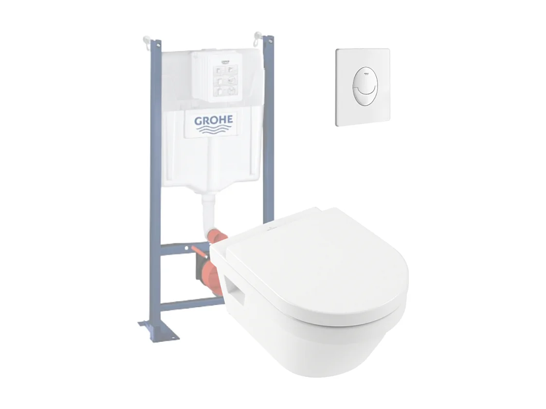 WC suspendu sans bride VILLEROY ET BOCH Architectura + abattant + bati support GROHE + plaque de commande blanche
