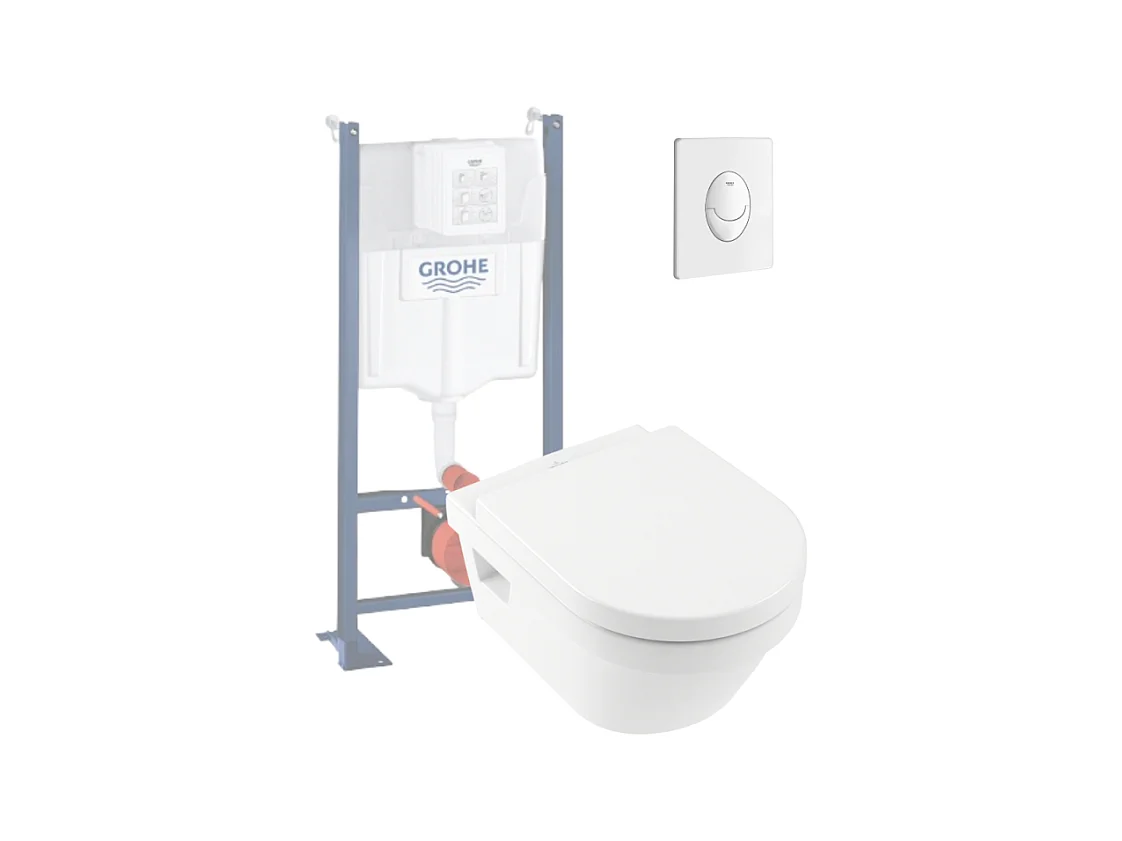 WC suspendu sans bride VILLEROY ET BOCH Architectura + abattant + bati support GROHE + plaque de commande blanche