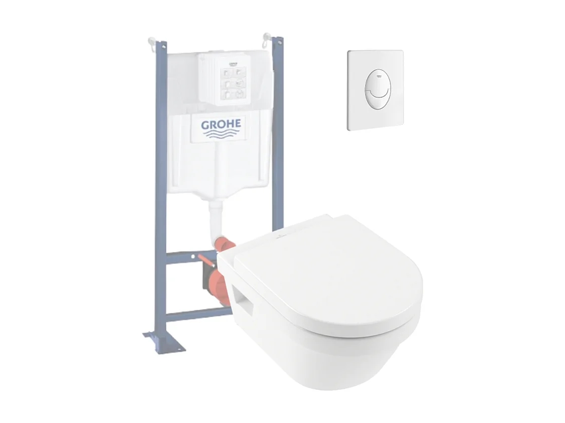 WC suspendu sans bride VILLEROY ET BOCH Architectura + abattant + bati support GROHE + plaque de commande blanche