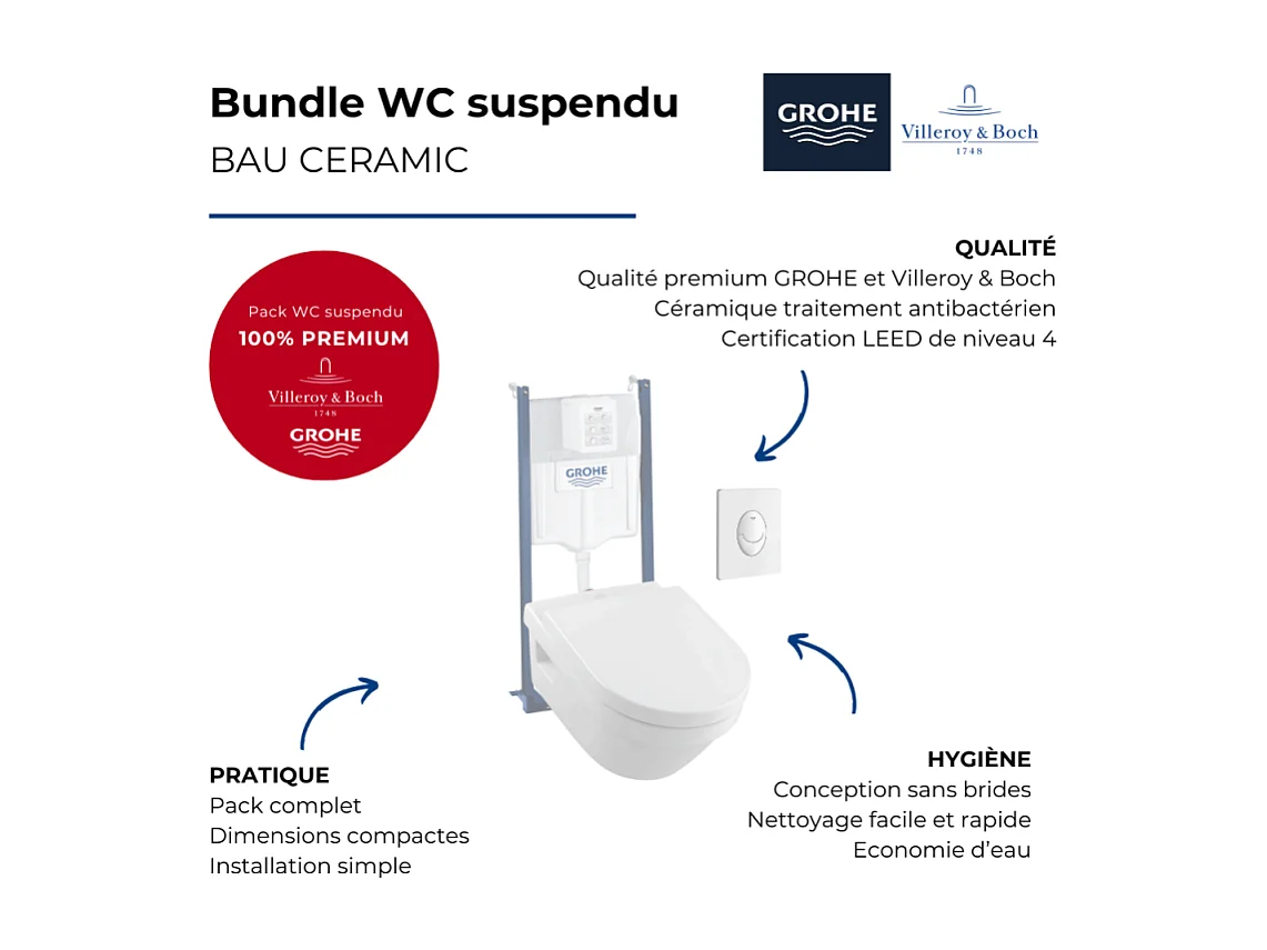WC suspendu sans bride VILLEROY ET BOCH Architectura + abattant + bati support GROHE + plaque de commande blanche