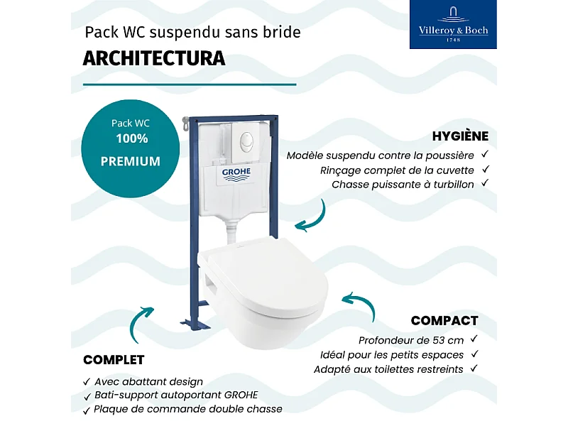 Pack WC suspendu sans bride VILLEROY ET BOCH Architectura + bâti support autoportant GROHE + plaque blanche