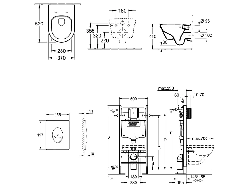 Pack WC suspendu sans bride VILLEROY ET BOCH Architectura + bâti support autoportant GROHE + plaque blanche
