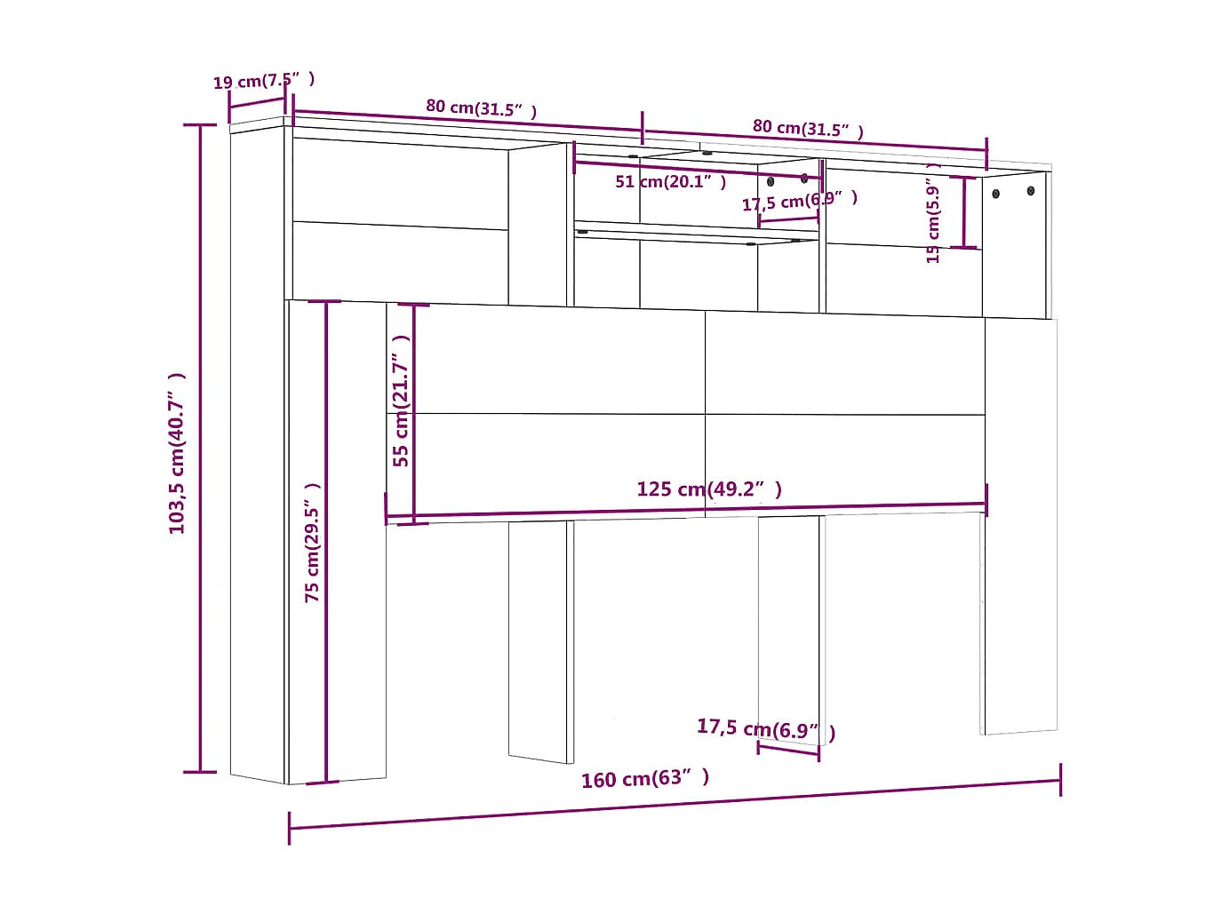 Armoire de tête de lit Sonoma gris 160x19x103,5