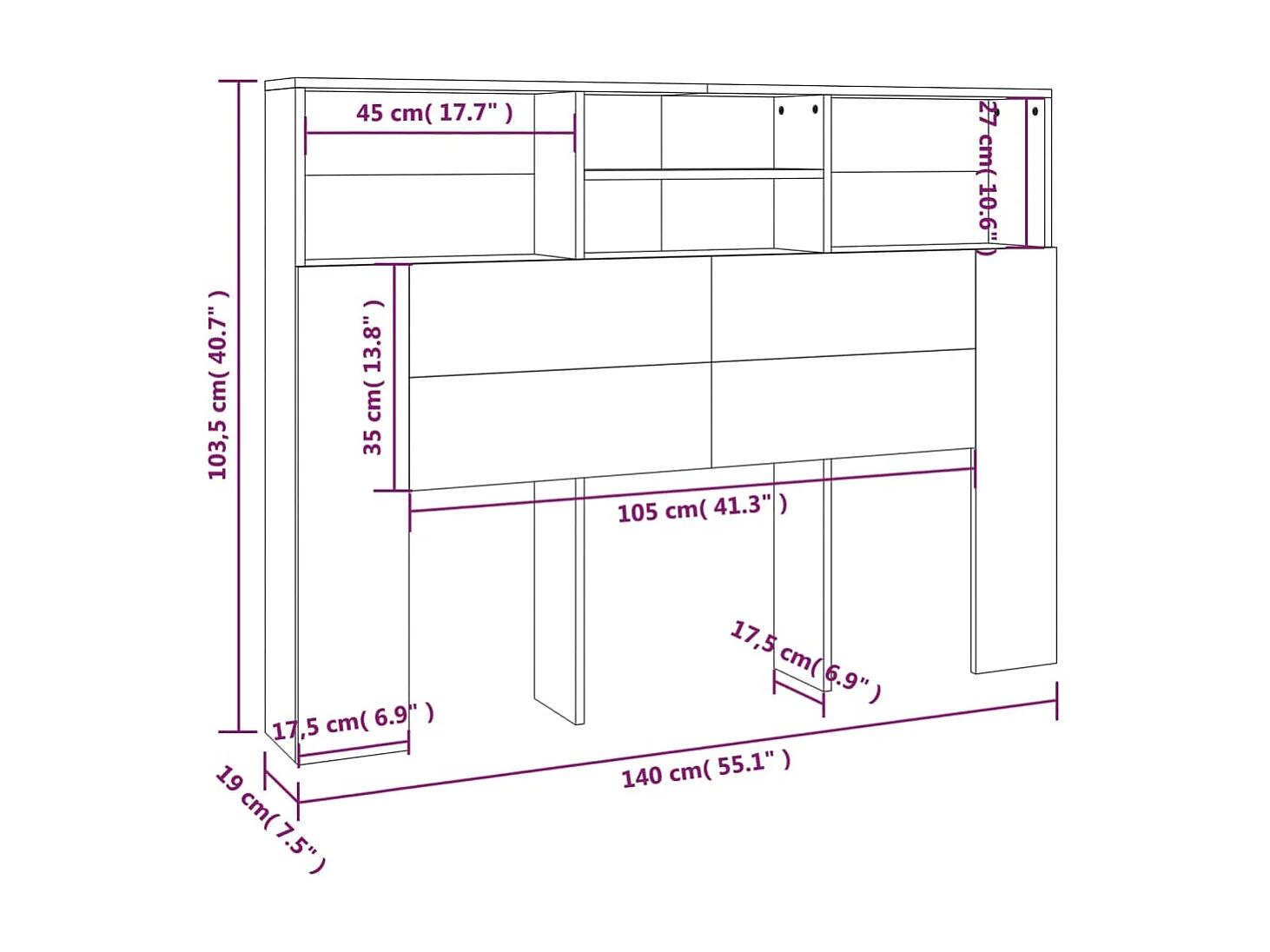 Armoire de tête de lit Gris béton 140x19x103,5