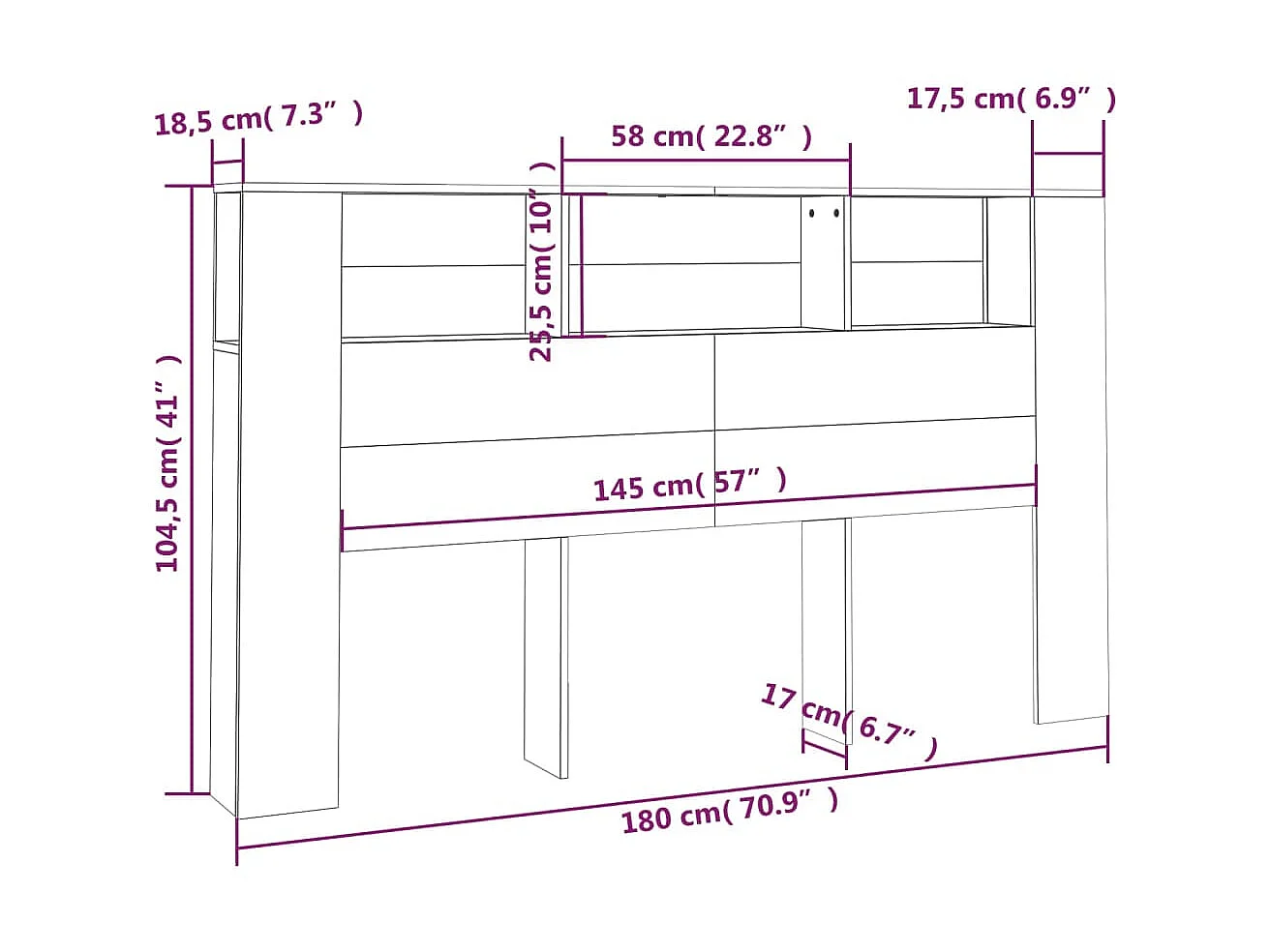 Armoire de tête de lit Noir 180x18,5x104,5