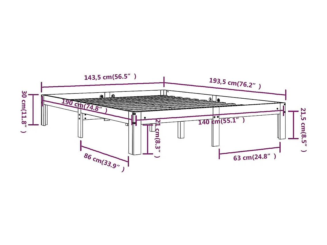 Cadre de lit à lattes en bois massif naturel Dova - Robuste et confortable-140x190