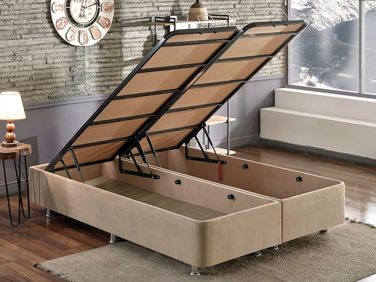 Cadre de lit avec coffre de rangement tissu marron clair Rika - 6 tailles-Couchage 160x200 cm