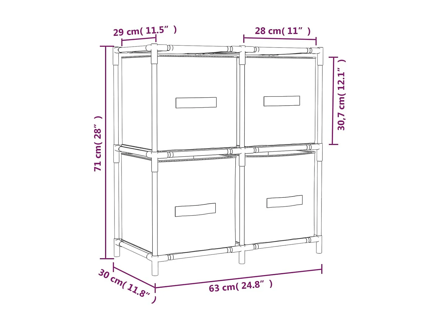 Armoire de rangement 4 paniers en tissu Gris 63x30x71 Acier