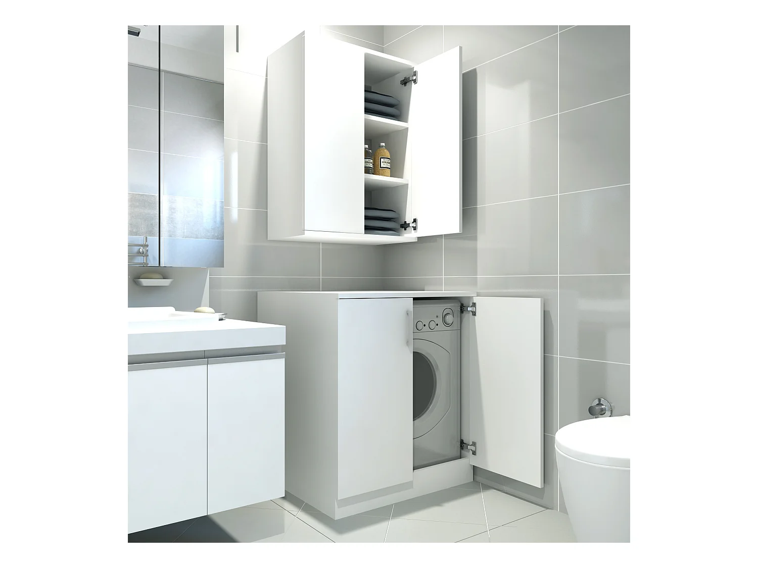 Ensemble Armoire pour Machine à Laver et étagère en Bois Blanc
