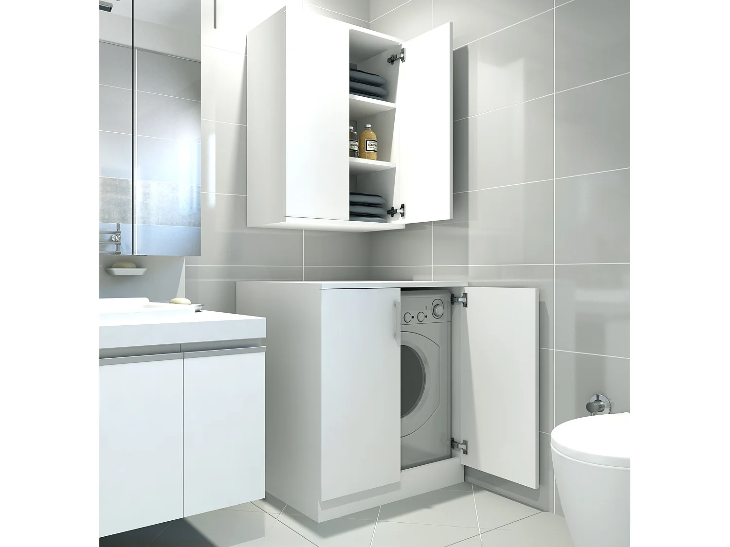 Ensemble Armoire pour Machine à Laver et étagère en Bois Blanc