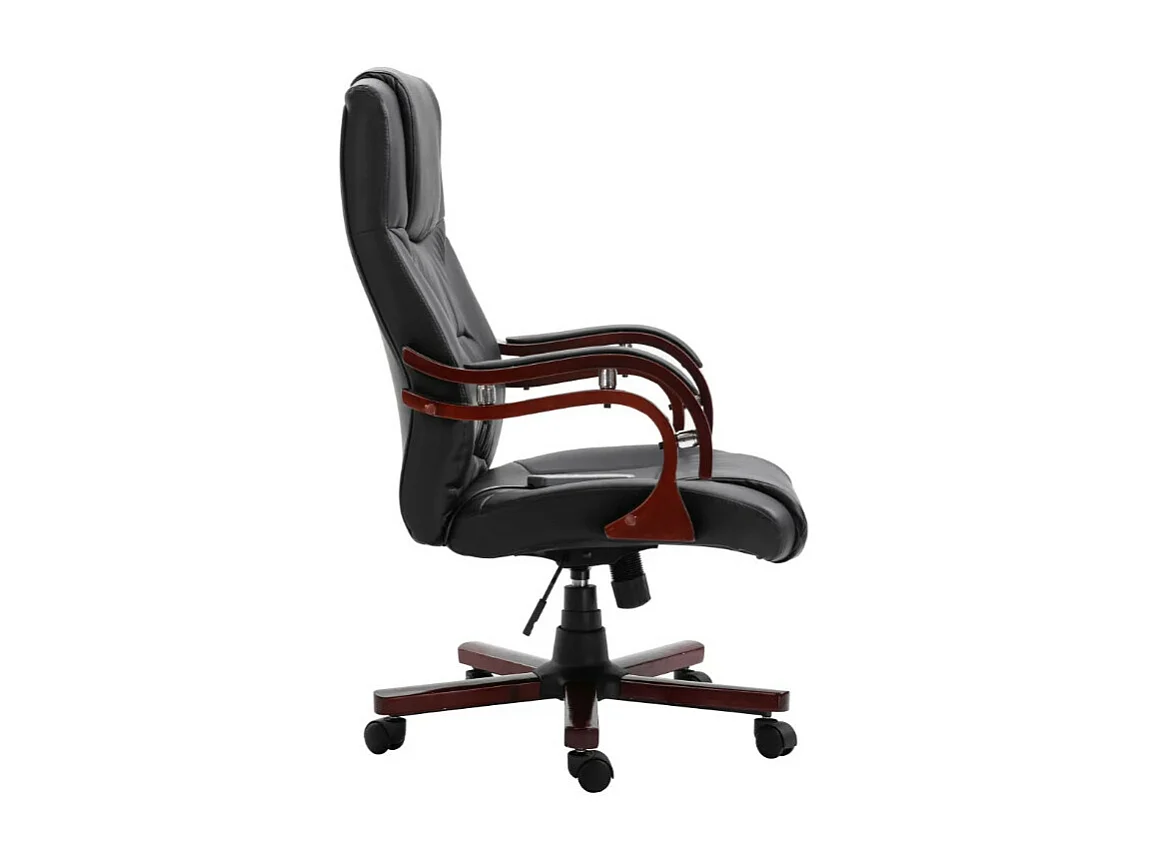 Fauteuil de bureau avec télécommande électrique simili cuir noir et bois courbé foncé Tolou