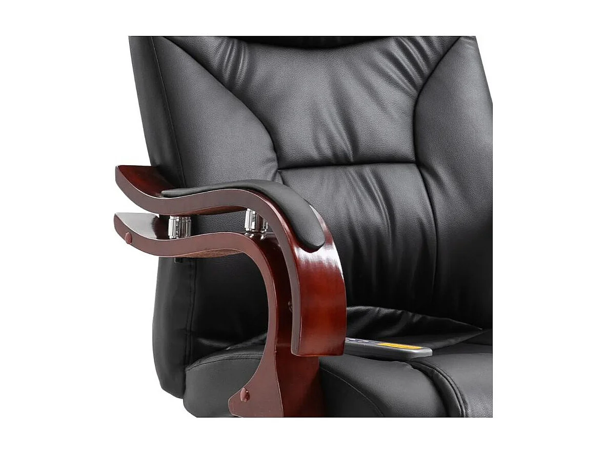 Fauteuil de bureau avec télécommande électrique simili cuir noir et bois courbé foncé Tolou