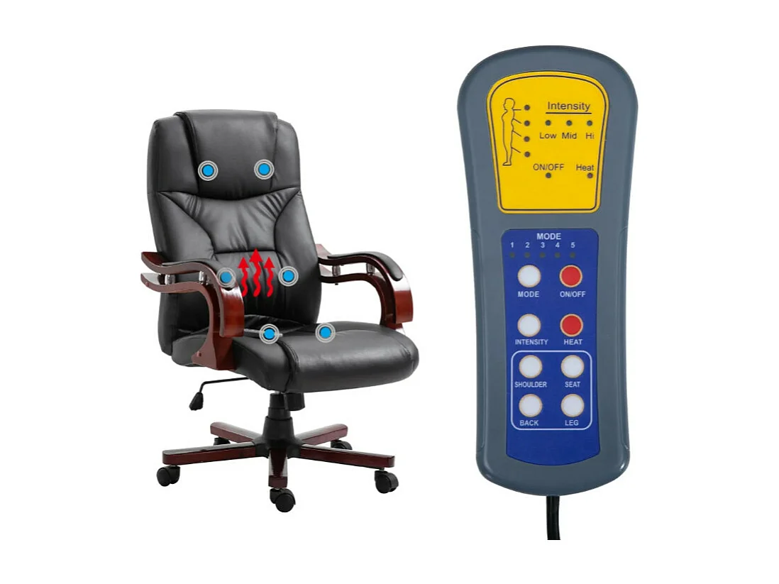 Fauteuil de bureau avec télécommande électrique simili cuir noir et bois courbé foncé Tolou