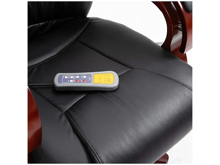 Fauteuil de bureau avec télécommande électrique simili cuir noir et bois courbé foncé Tolou