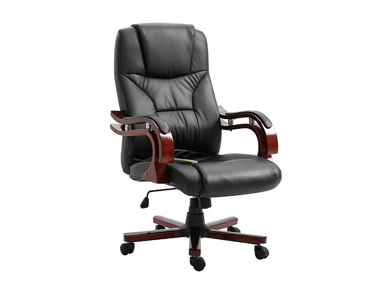 Fauteuil de bureau avec télécommande électrique simili cuir noir et bois courbé foncé Tolou