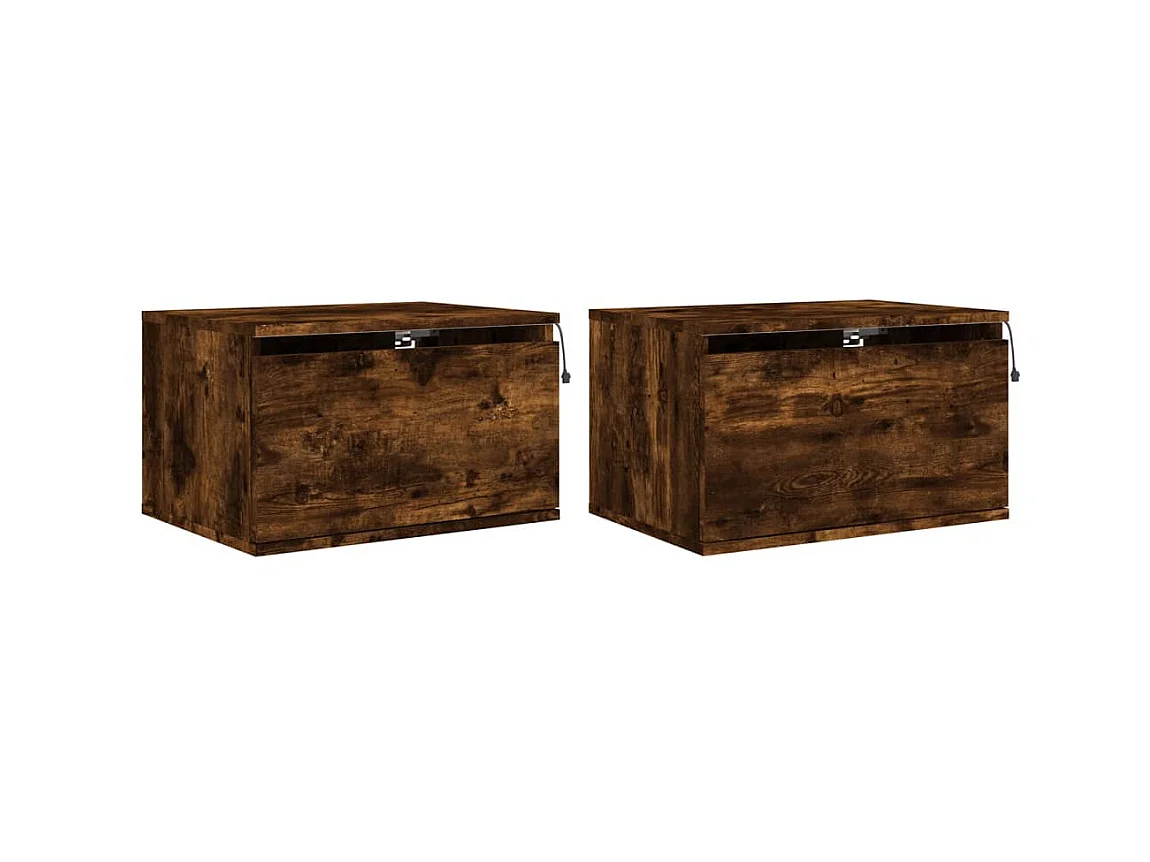 Tables de chevet murales avec lumières LED 2 pcs chêne fumé
