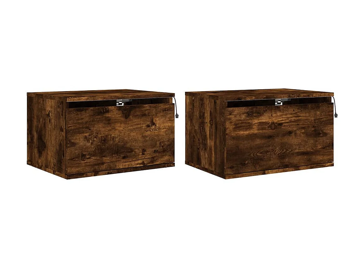 Tables de chevet murales avec lumières LED 2 pcs chêne fumé
