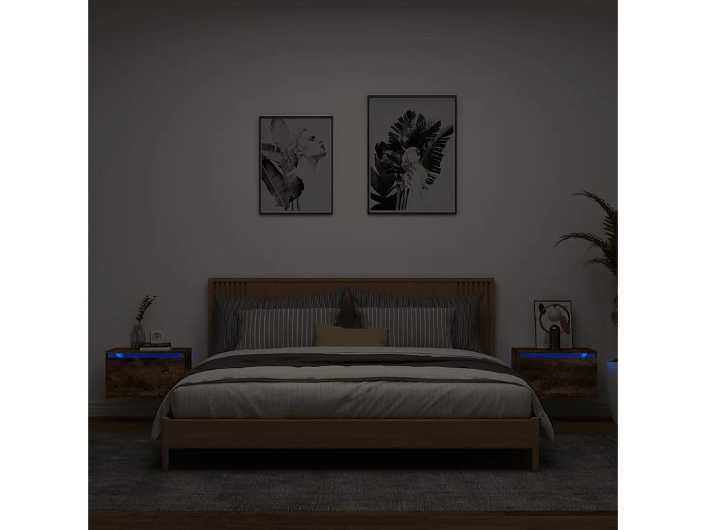 Tables de chevet murales avec lumières LED 2 pcs chêne fumé
