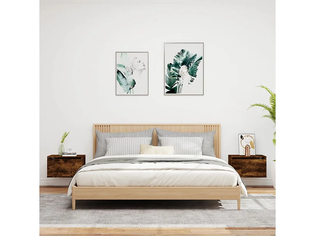 Tables de chevet murales avec lumières LED 2 pcs chêne fumé