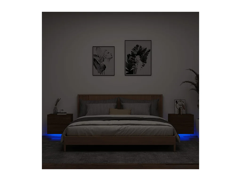 Wand-Nachttische mit LED-Leuchten, 2 Stück, braune Eiche