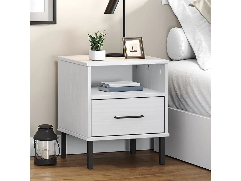 Table de chevet avec pieds en métal Blanc Bois pin massif OSLO