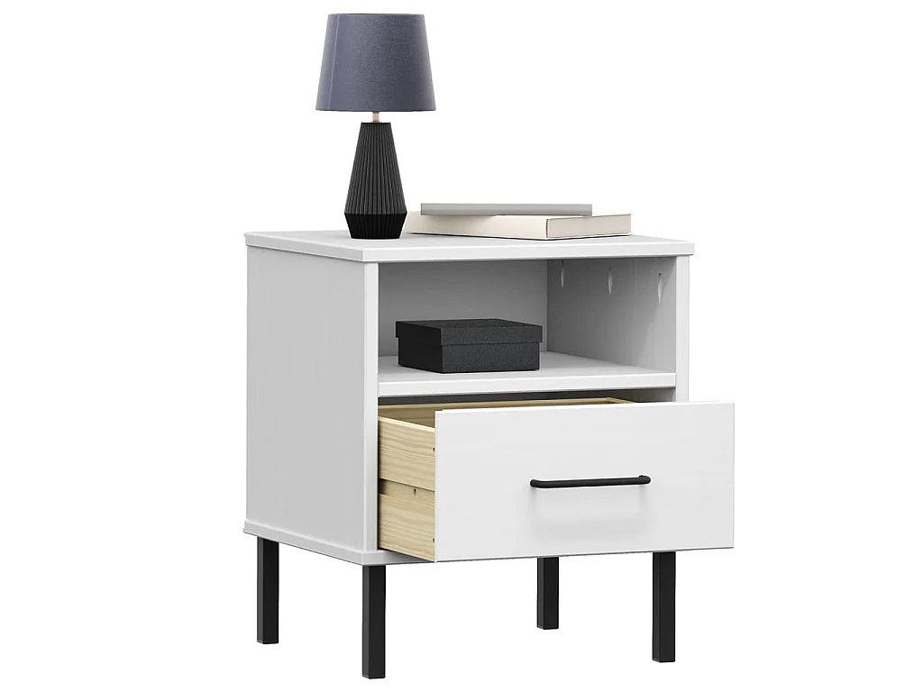 Table de chevet avec pieds en métal Blanc Bois pin massif OSLO