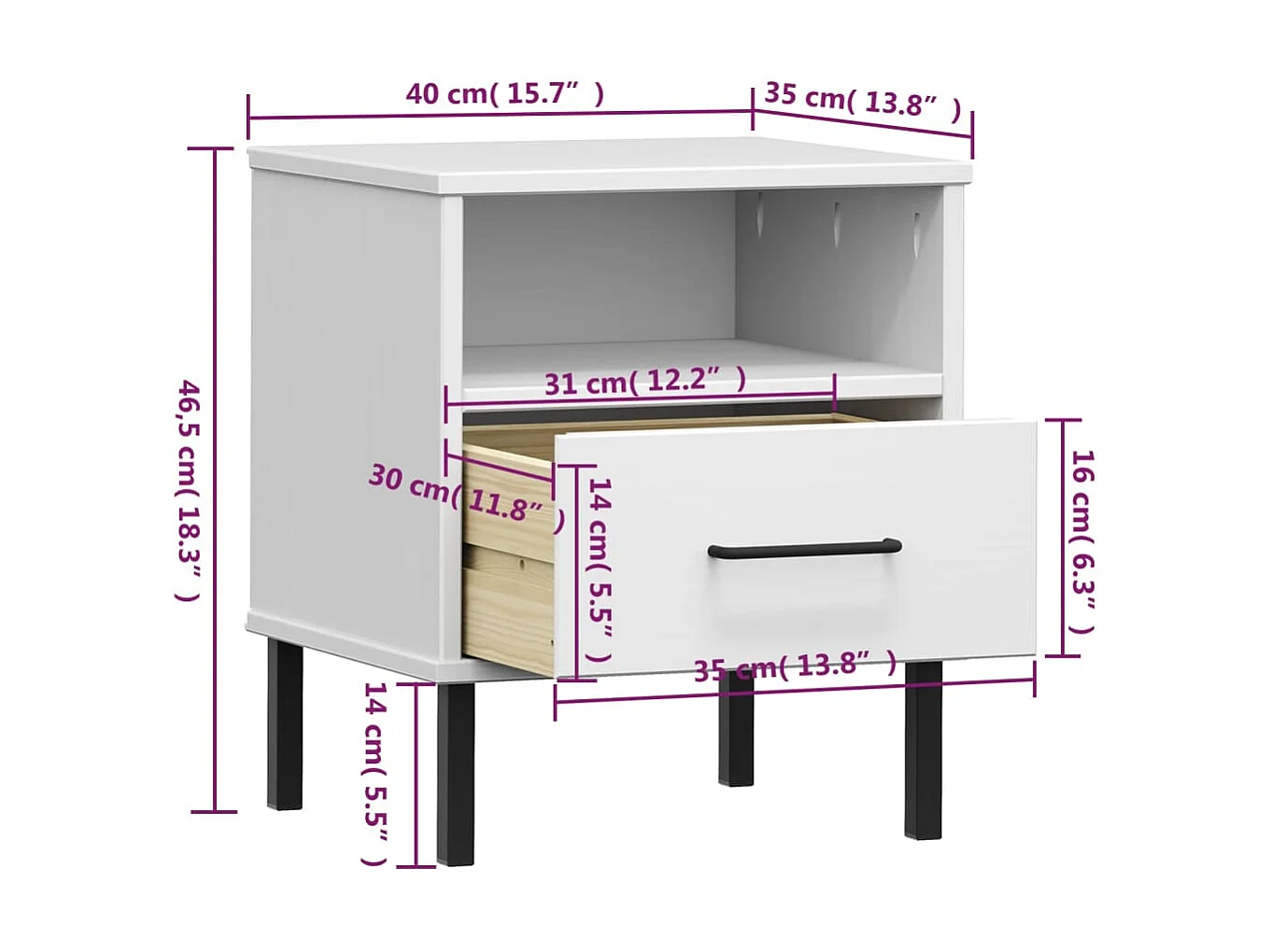 Table de chevet avec pieds en métal Blanc Bois pin massif OSLO