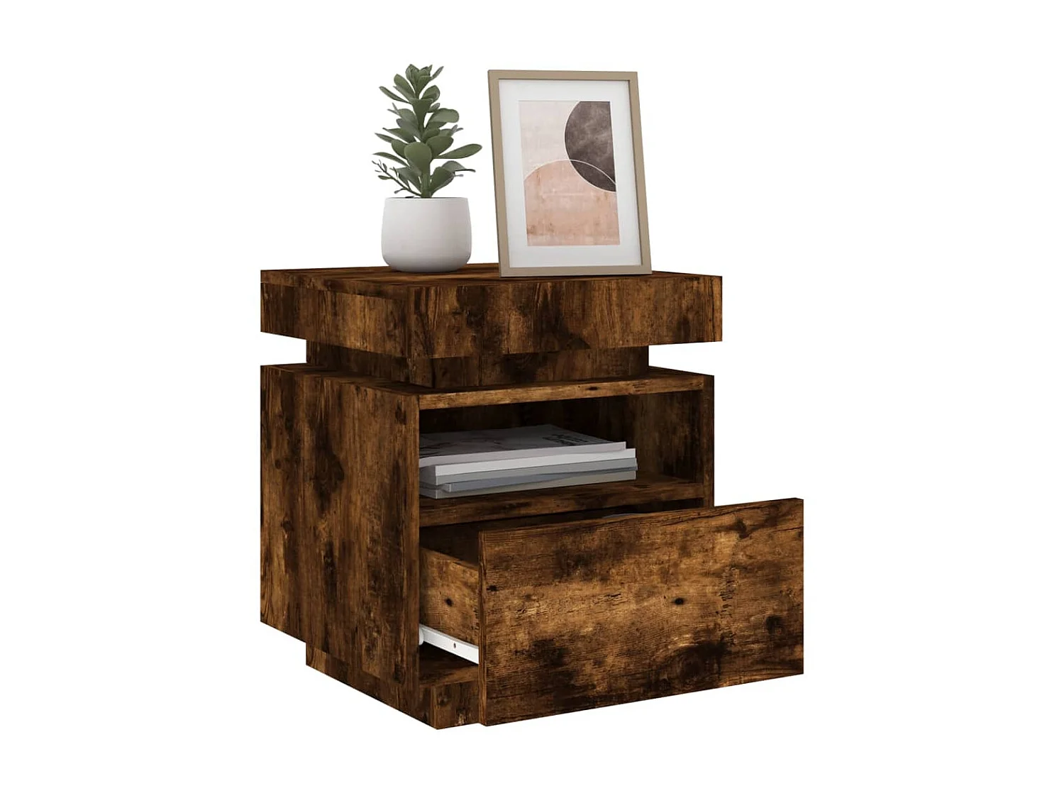 Mesita de noche con luces LED roble ahumado 40x39x48,5 cm