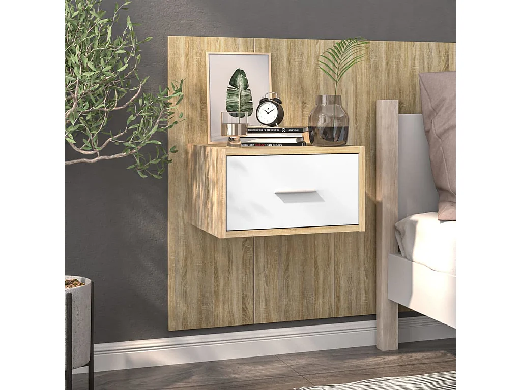 Aan de muur gemonteerd nachtkastje Wit en Sonoma eiken