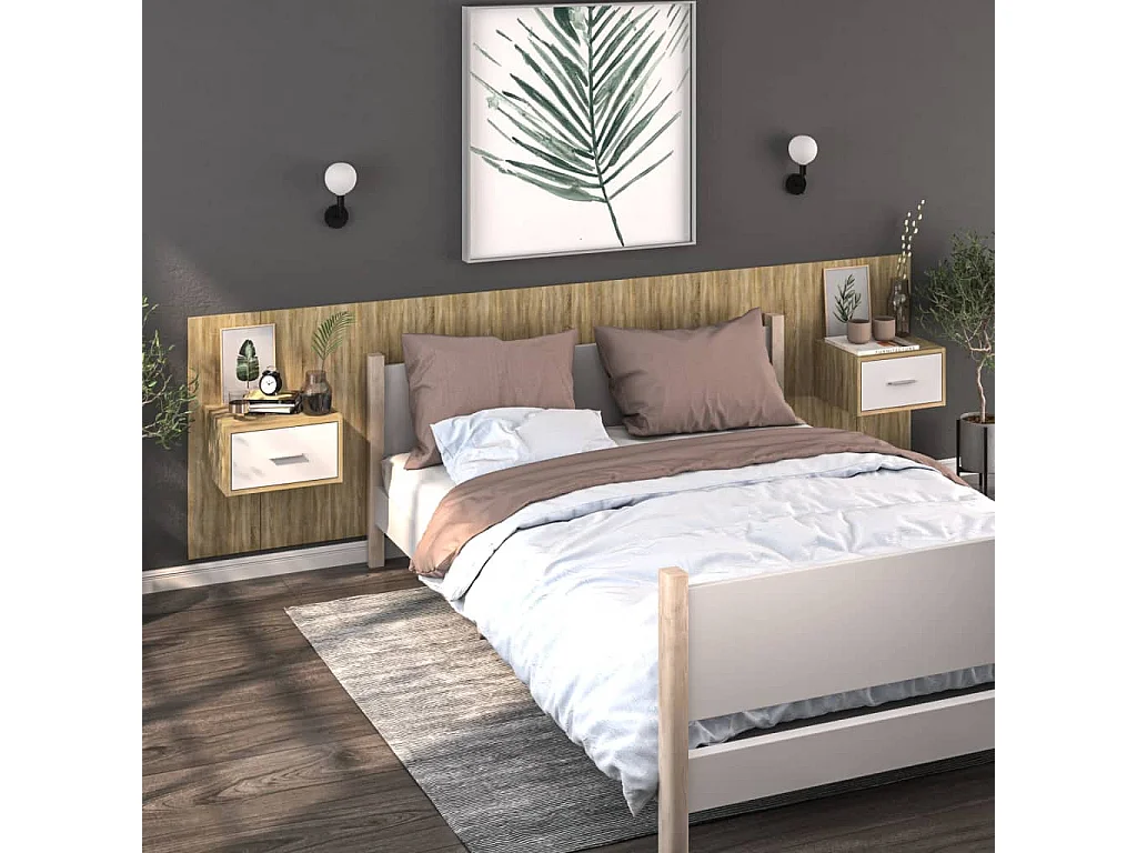 Aan de muur gemonteerd nachtkastje Wit en Sonoma eiken