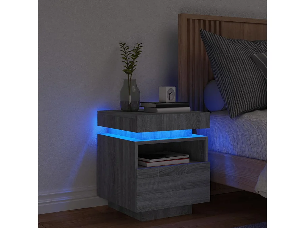Comodino con luci LED sonoma grigio 40x39x48,5 cm