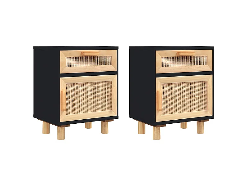 Mesitas de noche 2 piezas Negro Madera maciza de pino y ratán natural
