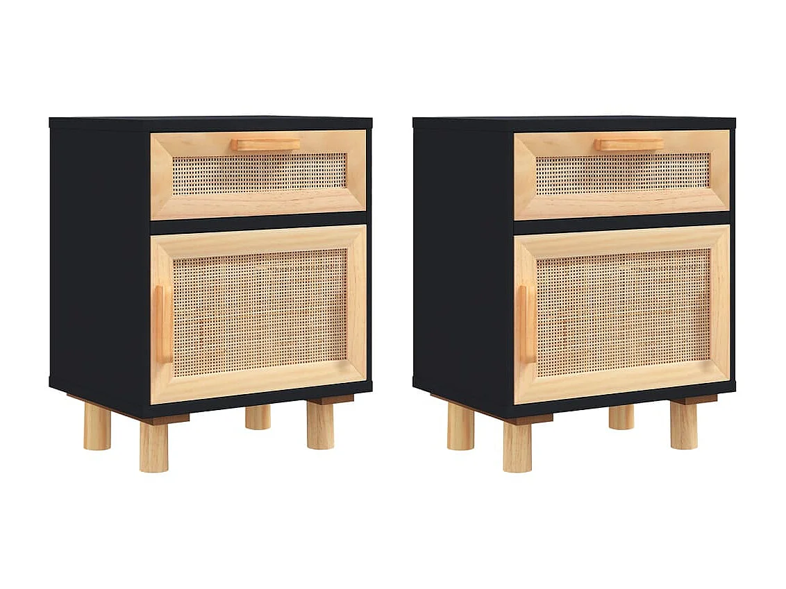 Tables de chevet 2 pcs Noir Bois de pin massif et rotin naturel