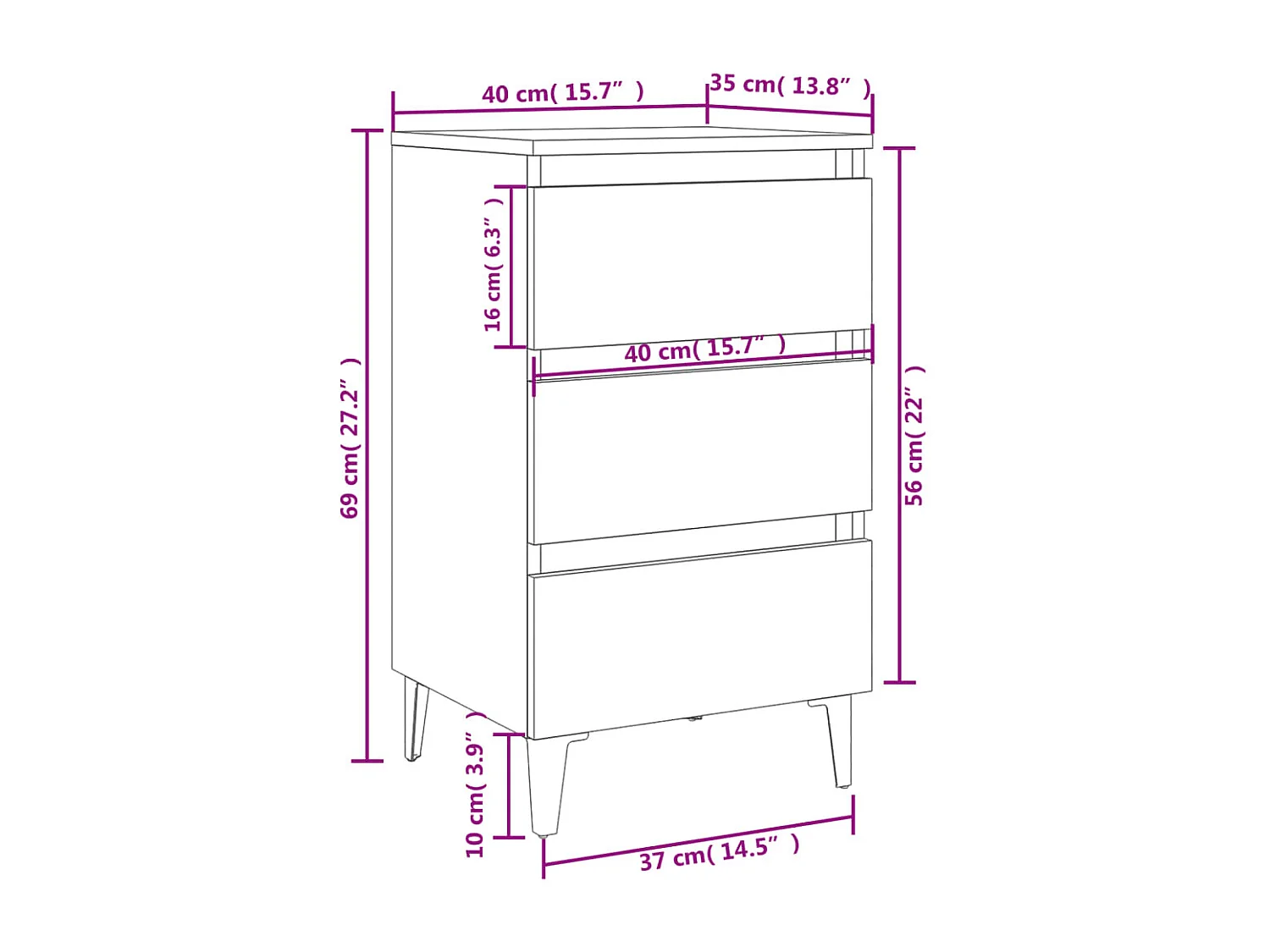 Comodini gambe in metallo 2 pz Grigio cemento 40x35x69 cm