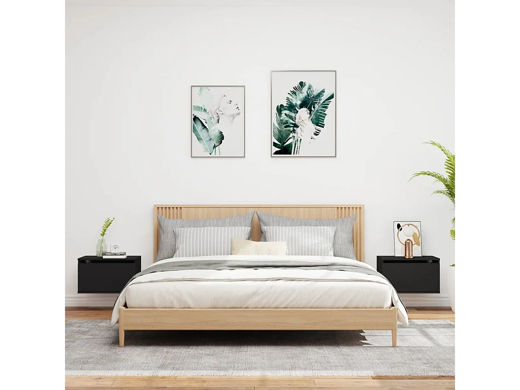 Tables de chevet murales avec lumières LED 2 pcs noir