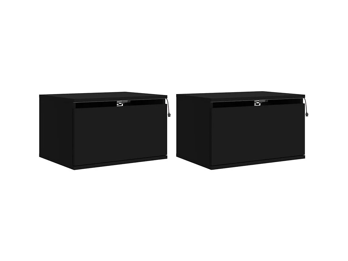 Tables de chevet murales avec lumières LED 2 pcs noir