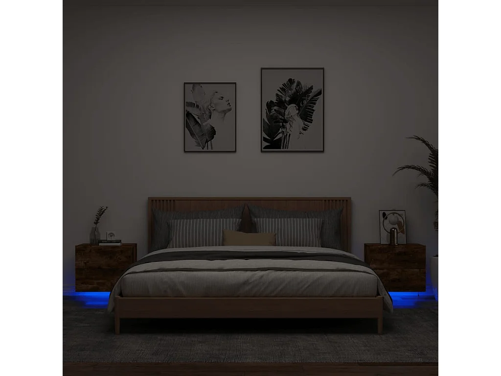 Tables de chevet murales avec lumières LED 2 pcs chêne fumé