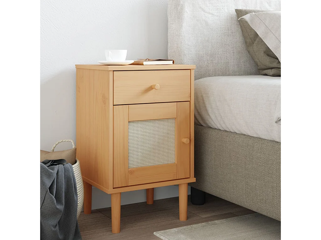 Table de chevet SENJA aspect de rotin marron bois de pin massif