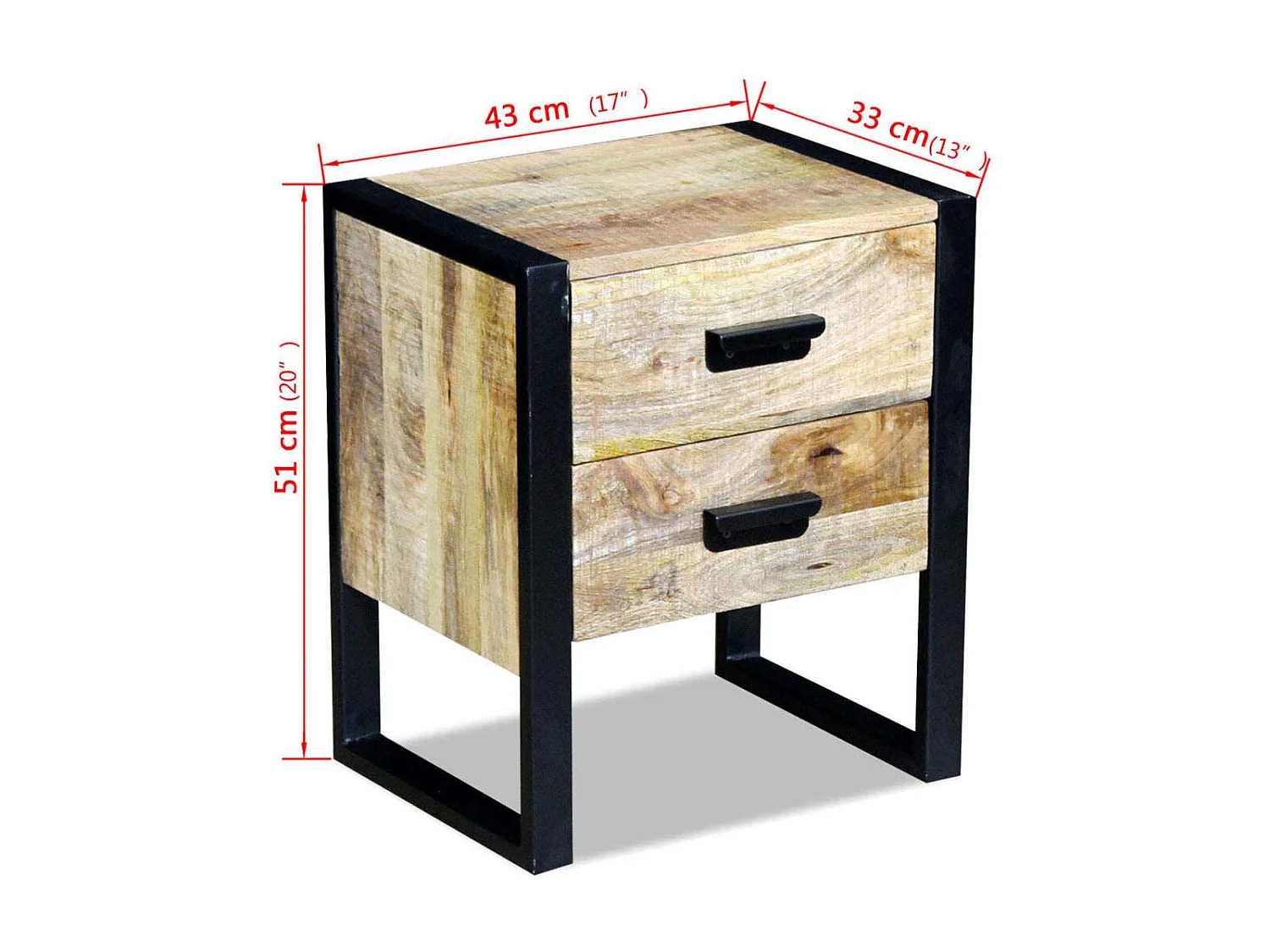 Mesa auxiliar com 2 gavetas 43 x 33 x 51 cm Madeira maciça de mangueira